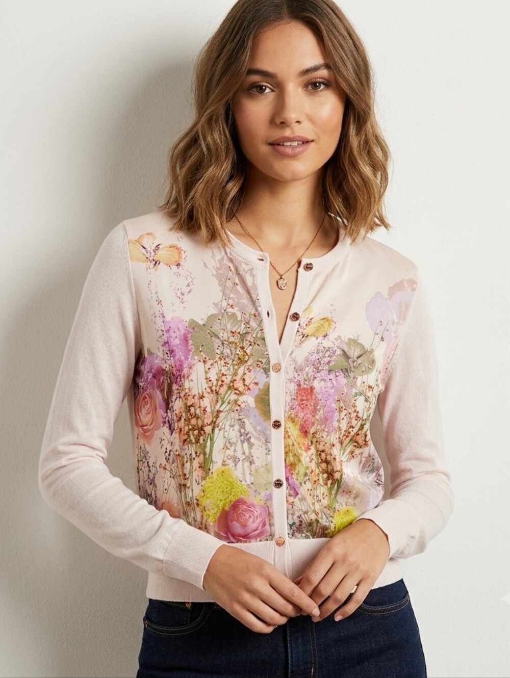 Ted Baker Lisa Mixed Media Pink Floral Cardigan